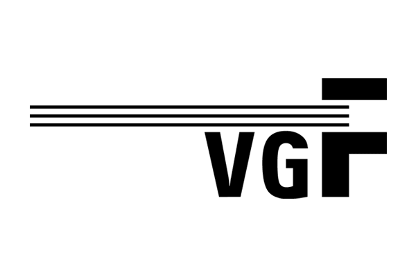 Logo, in schwarzer Schrift: "VGF", 3 schwarze Linien ziehen sich vom "F" ausgehen nach links