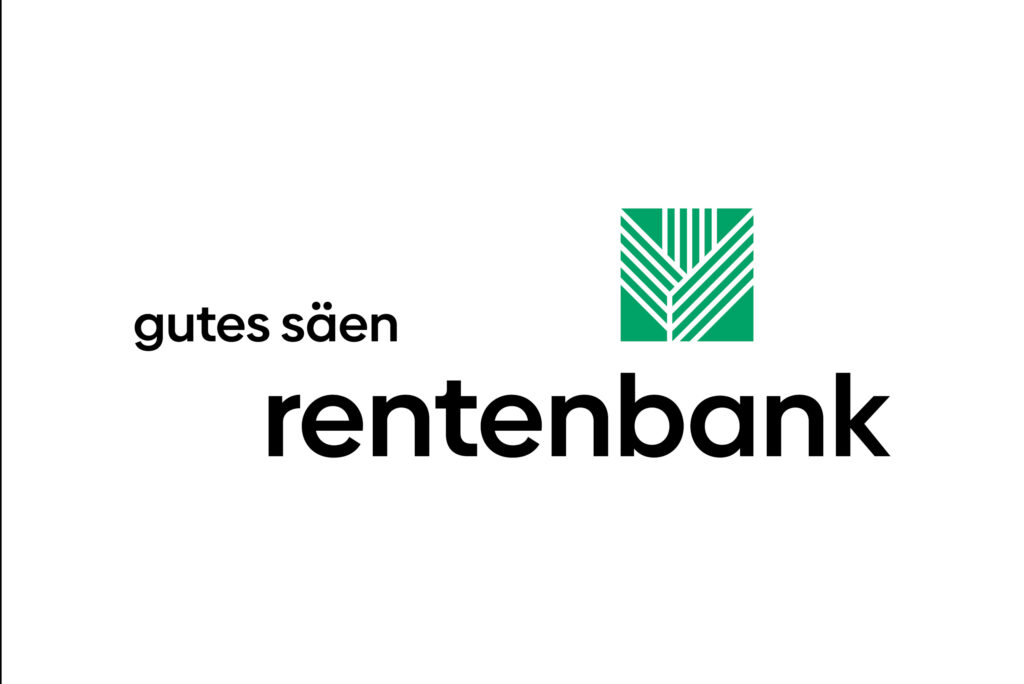 Logo der rentenbank. In schwarzen Kleinbuchstaben die Aufschrift "rentenbank", links darüber die Aufschrift "Gutes säen", rechts darüber ein grünes Quadrat mit einem weißen geometrischen Muster. Copyright rentenbank.