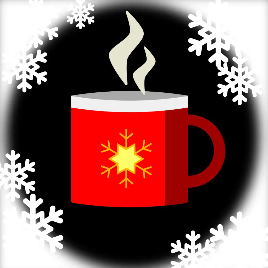 Eine rote Tasse mit gelber Schneeflocke ist in der Mitte auf einem schwarzen Hintergrund. An der Seite sind weiße Schneeflocken.